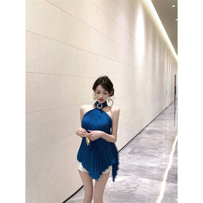 实拍实价  重工压褶蓝色挂脖吊带连衣裙