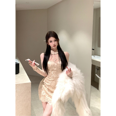 实拍实价 新中式盘扣蕾丝旗袍裙性感修身包臀短裙长袖连衣裙