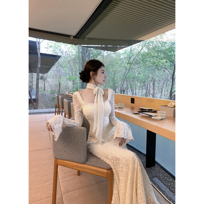 “实拍实价雪绒恋人”法式复古蕾丝宫廷喇叭袖鱼尾包臀连衣裙