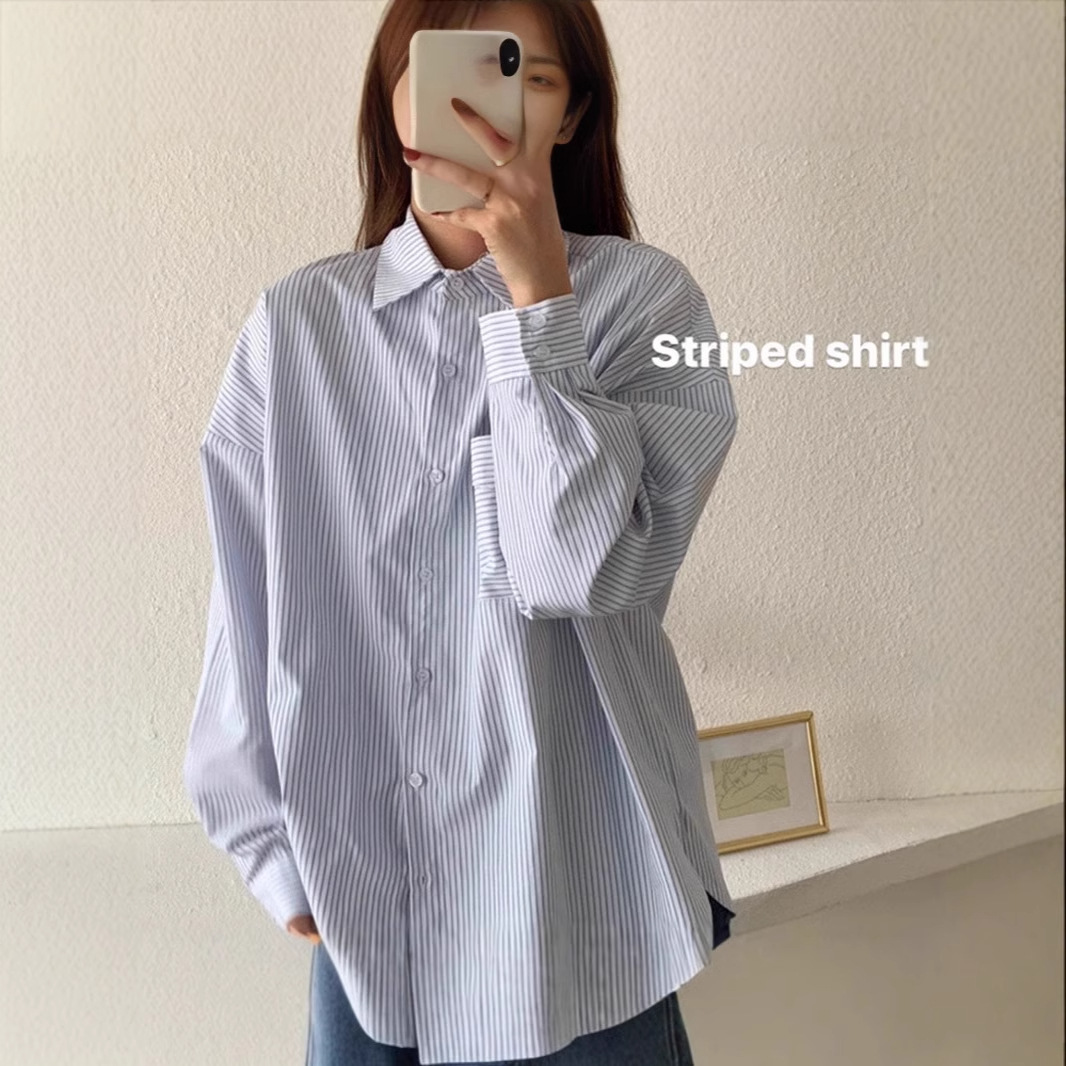 新款条纹衬衫上衣女春秋韩系宽松设计感小众初秋长袖衬衣休闲外套