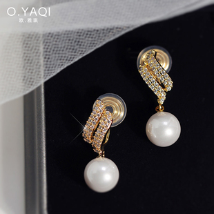 OL通勤弧形双排钻珍珠无耳洞蚊香盘耳夹优雅气质时尚 女耳饰耳环