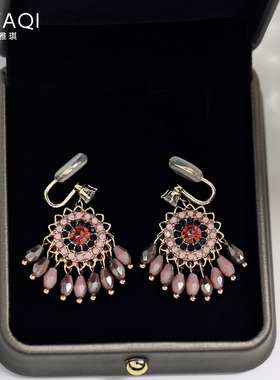 无耳洞民族风紫色水滴蚊香盘耳夹复古气质闪钻耳钉女耳饰时尚个性