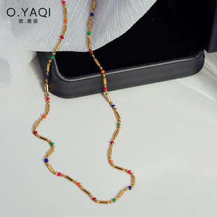 时尚简约彩虹项链彩色滴油珠子钛钢镀18K金颈链几何锁骨链女饰品