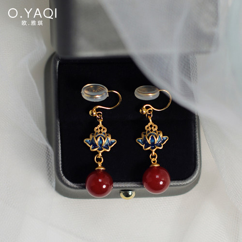 新中式国风莲花红玛瑙蚊香盘耳夹