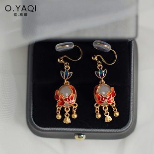 国潮莲蓬荷花复古无耳洞蚊香盘耳夹古法工艺耳钩中式 风耳环女耳饰