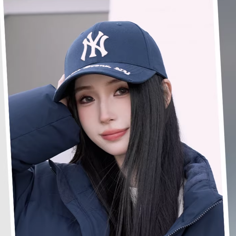 韩国MLB帽子刺绣磨破硬顶棒球帽男女情侣鸭舌帽NY标弯帽檐遮阳帽