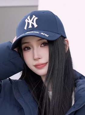 韩国MLB帽子刺绣磨破硬顶棒球帽男女情侣鸭舌帽NY标弯帽檐遮阳帽