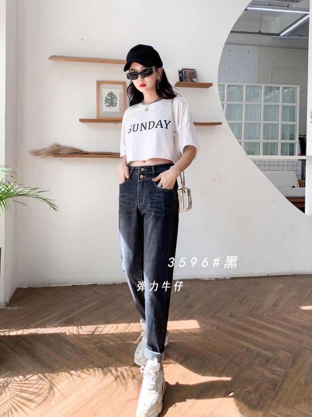 烟灰色牛仔裤女春秋新款高腰显瘦罗卜哈伦裤