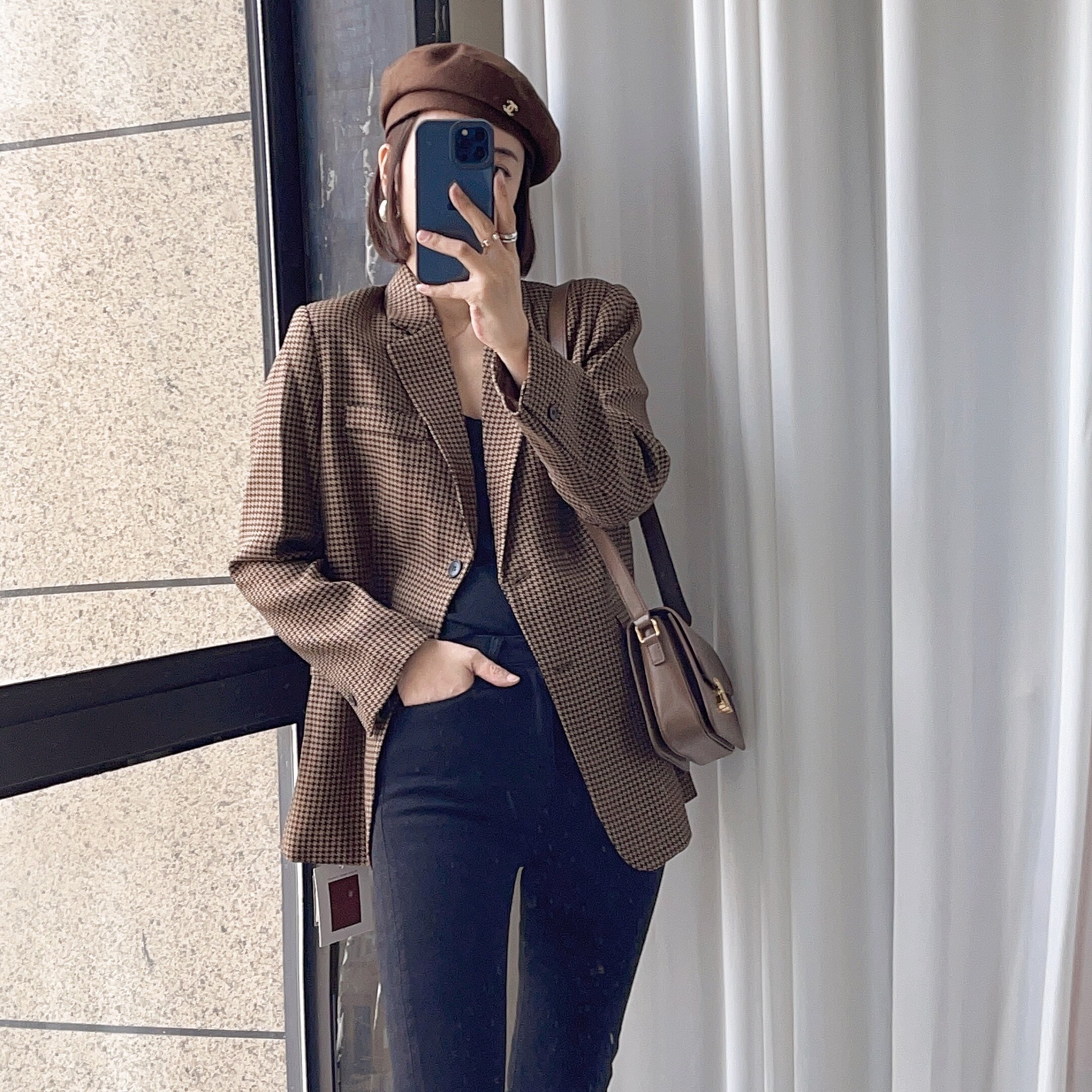 春秋款通勤时尚西服女单排扣系带复古千鸟格西装外套