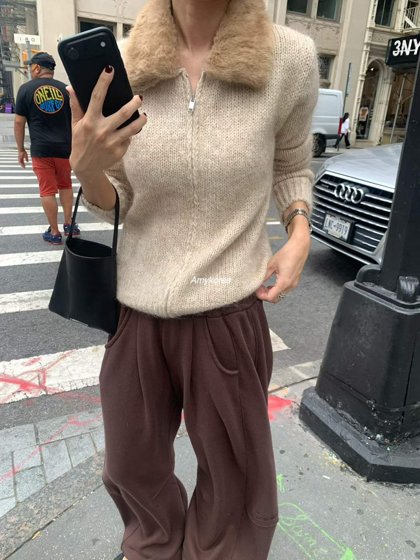 UNDERSON Amy韩代 26fw 东大门 毛领 杂色毛衣外套 洋气百搭