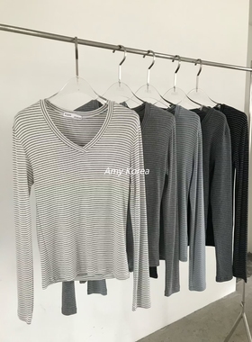 PADO Amy韩代 25fw 东大门 条纹V领 长袖T恤 休闲百搭