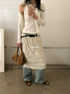 Lake Amy韩代 26早春 东大门 皱褶卷边 叠穿裙帘 半身裙纯色洋气