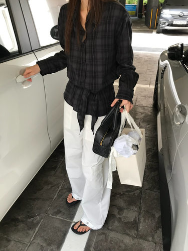 Escher Amy韩代 26fw 东大门 洋气 格子绑带 长袖衬衫 休闲百搭
