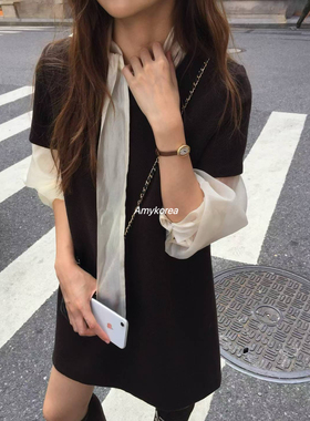 OVERTAKE Amy韩代 25秋冬 东大门 纯色简约 短袖连衣裙 气质百搭