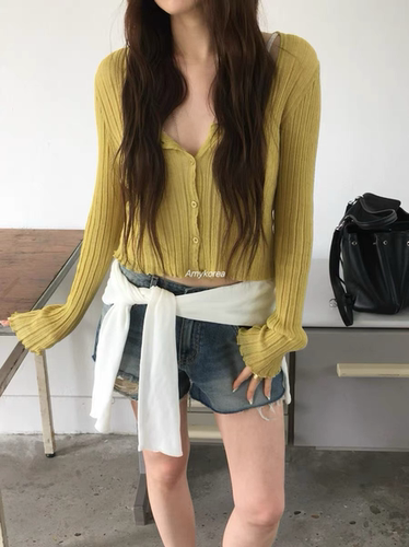nuese Amy韩代 26春夏 东大门 洋气圆领 薄针织开衫 卷边纯色