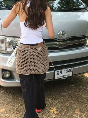 tempting Amy韩代 26春夏 东大门 纯色镂空系带 针织裙帘屁帘百搭