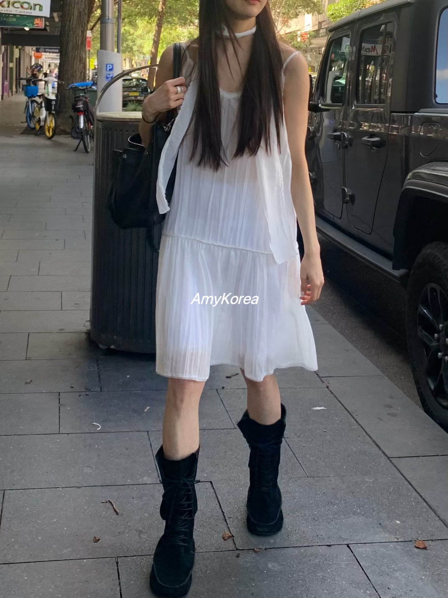 lysm Amy韩代 26早春 皱褶 吊带连衣裙 含脖带 纯色百搭 时尚洋气
