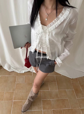 tempting Amy韩代 25fw 东大门 纯色系带花边 长袖衬衫 百搭时尚