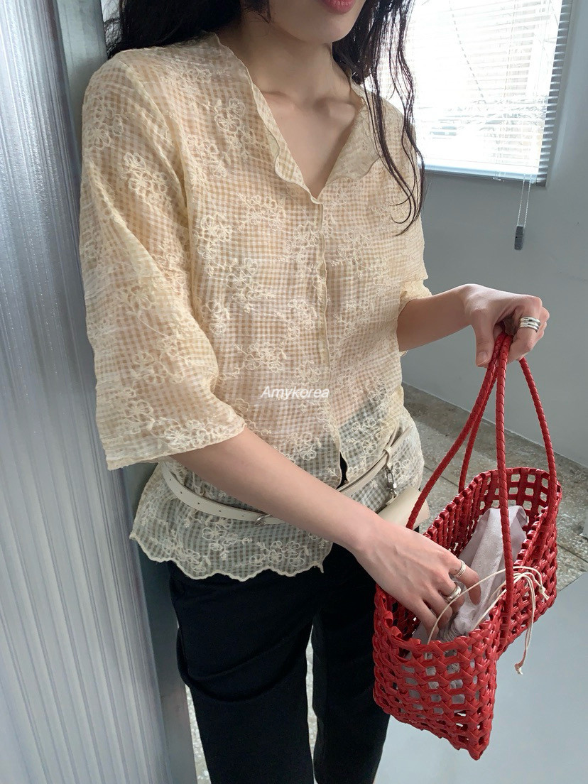 murmur Amy韩代 26春夏 东大门 刺绣蕾丝花边 短袖衬衫 甜美微透
