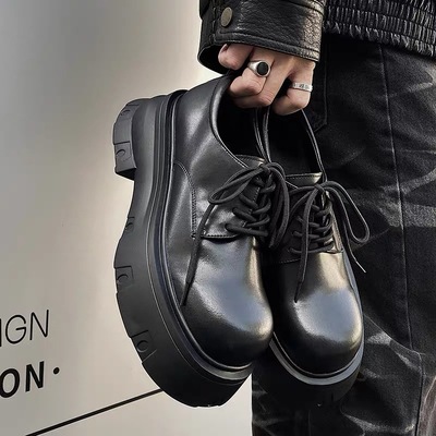 大头皮鞋男款休闲厚底增高松糕鞋子男英伦风黑色通勤高级感德比鞋
