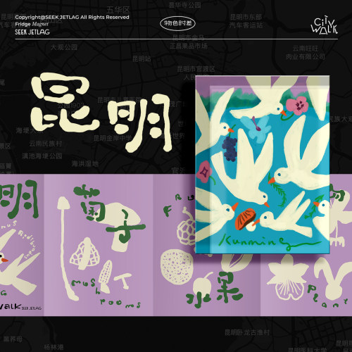 物色时差 昆明「城市漫步 原创插画文创伴手礼旅行海鸥昆明冰箱贴