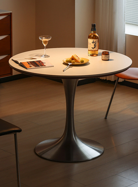 小万家具/北欧复古家用实木岩板餐桌小户型设计师郁金香轻奢圆桌