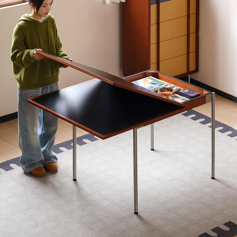 小万家具/中古实木餐桌家用旋转折叠小户型伸缩饭桌岩板现代简约