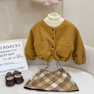 原创设计2026冬季新款洋气女童小香风加绒开衫外套格子半身裙套装