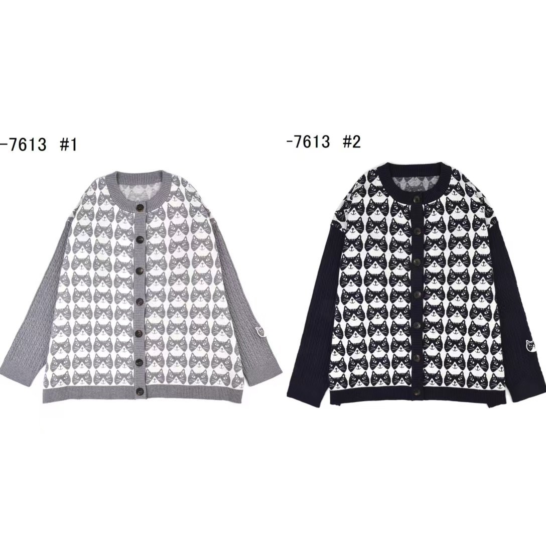 日本kusuguru猫咪提花毛衣针织衫休闲宽松百搭圆领开衫外套7613