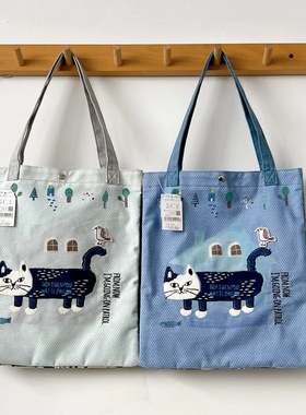 日本kusuguru刺绣爬猫手提单肩手拎补习包逛街购物出行双层包7030