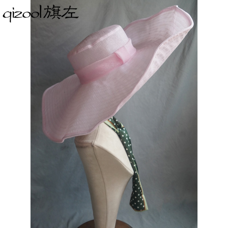 旗左 优雅法式可塑型卷边大帽檐春夏遮阳帽浅粉新娘婚纱摄影帽子