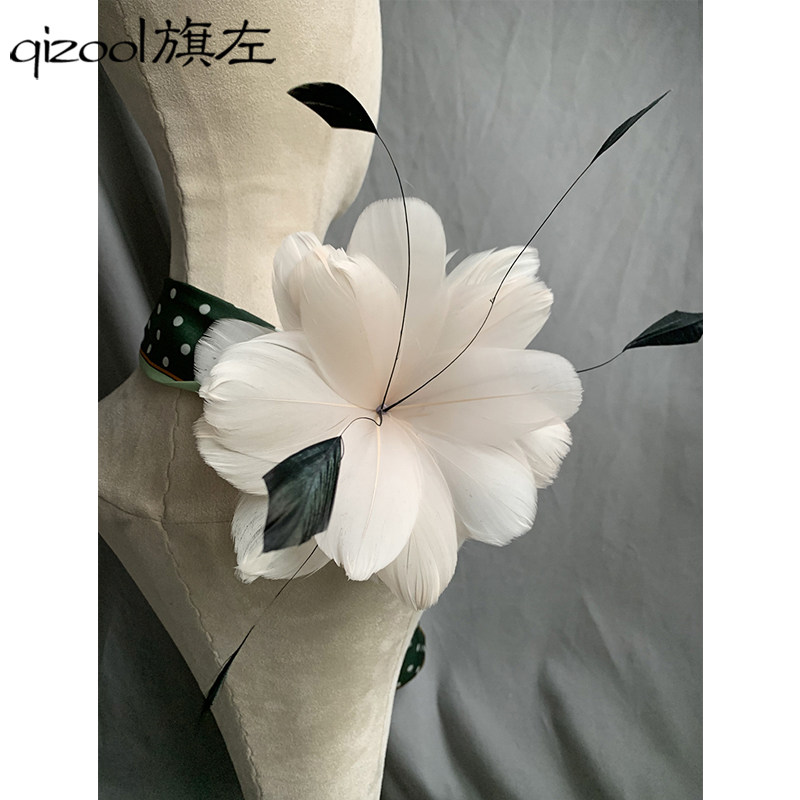旗左 羽毛花朵配饰纯手工新娘派对发饰羽毛胸花帽花小发夹粉色