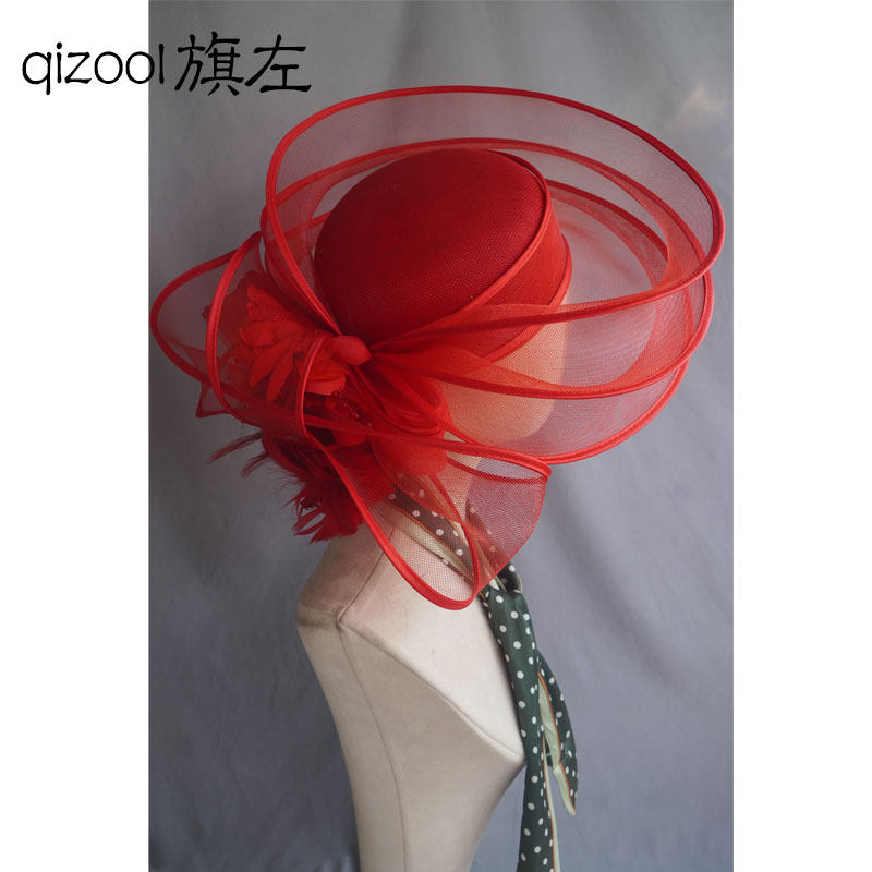旗左 欧美风夸张多层网纱摄影造型礼帽亚麻演出走秀头饰红色