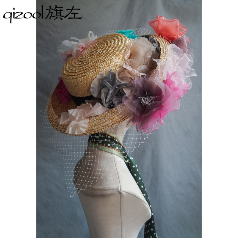 旗左 孤品 头顶花园 复古法式优雅真丝花朵新娘摄影草编帽子
