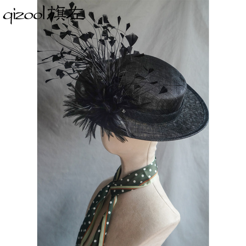 旗左 英式简约麻纱平顶小礼帽黑色夸张分体式羽毛造型宴会头饰