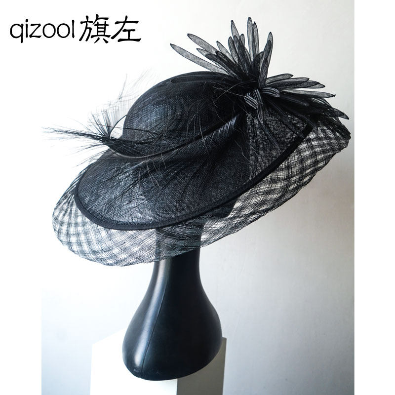 旗左 英式简约正装菲律宾麻纱羽毛礼帽宽檐名媛宴会礼服头饰黑色
