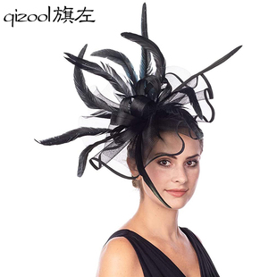 旗左 欧美风夸张大羽毛走秀头饰优雅大网纱新娘宴会礼服发饰黑色