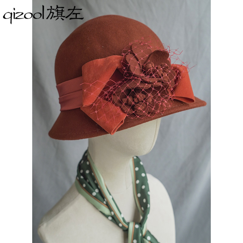 旗左 复古风羊毛呢盆帽优雅中古vintage丝绒蝴蝶结花朵礼帽砖红色