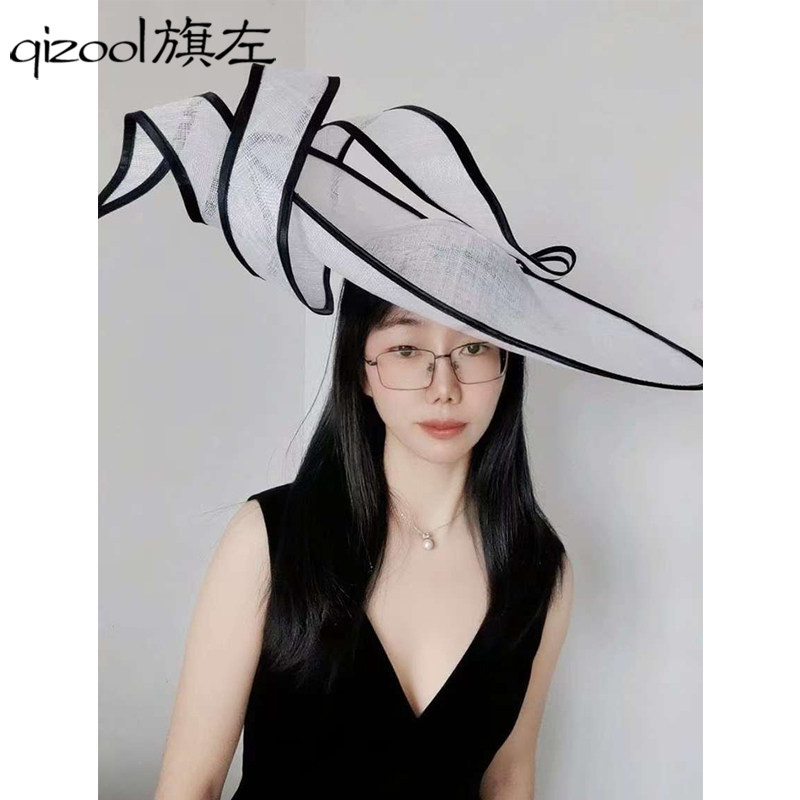 旗左 英式大帽檐方媛同款马会礼帽艺术线条撞色凹造型晚装发饰