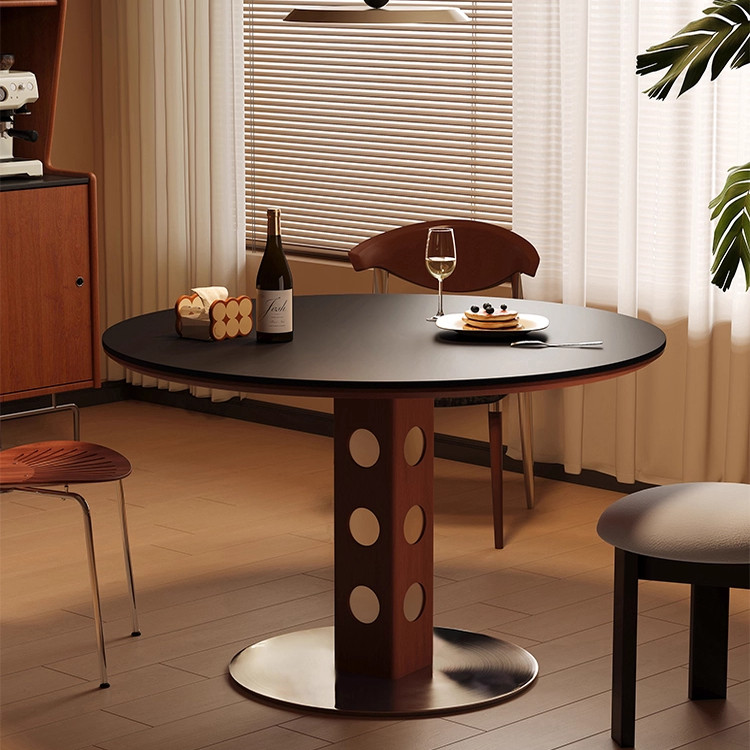 中古风岩板圆餐桌实木法式设计复古家用小户型现代简约圆桌饭桌