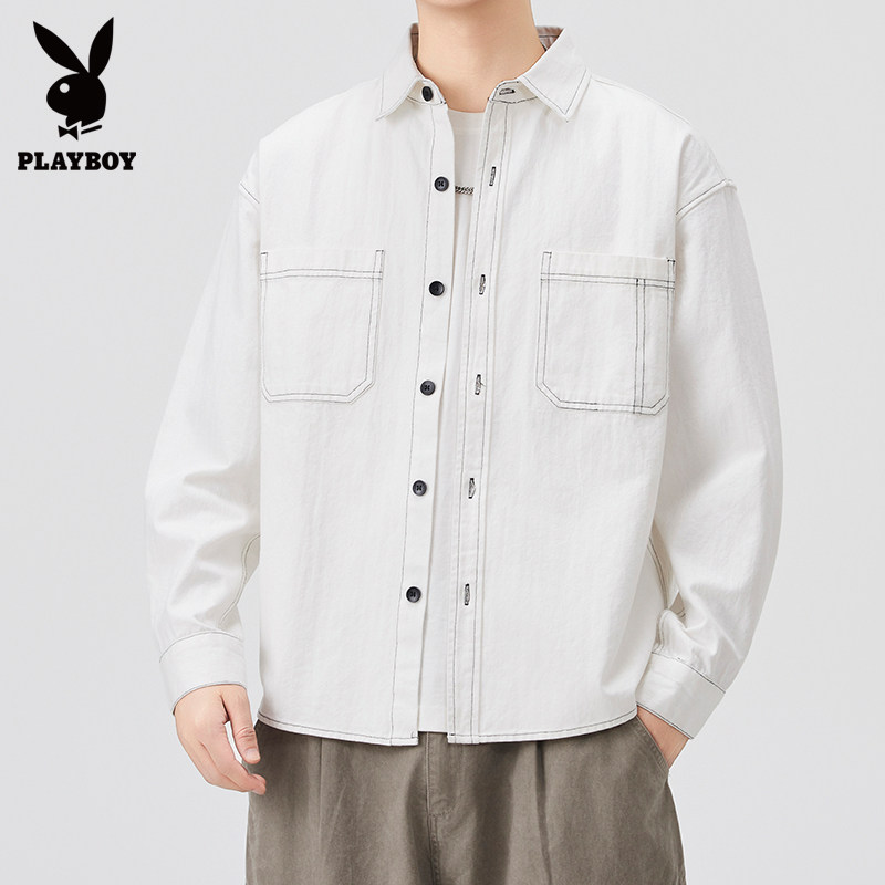 花花公子白色简约男士衬衫外套2026春季新款休闲工装上衣翻领长袖