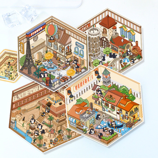 新款9.0企鹅去旅行微缩场景造景贴纸迷你解压手工贴纸2.5D造景