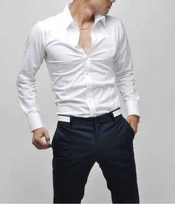 纯棉方领两扣纯白色修身男士衬衫