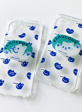 Sonia原创透明iphone手机壳小众情侣款猫咪法斗苹果13远峰蓝适用