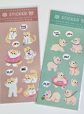 Sonia原创pvc防水不干胶手帐贴可爱猫咪法斗贴纸细闪diy平板手机