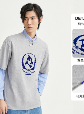 商场撤柜男士春夏短袖T恤浅灰色纯棉圆领简约植绒贴布鲸鱼时尚潮t