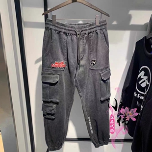 商场撤柜男士秋冬厚款工装牛仔裤黑色微弹力棉刺绣时尚多口袋长裤