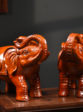 速发实木雕大象摆礼一对木质玄关客厅办公室送业礼品乔迁开件工艺