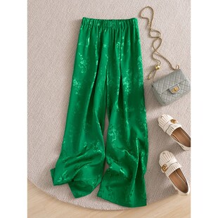 速发新中提休酸式花国风裤子春季高腰垂顺绿色阔腿裤醋闲直筒裤