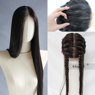 全蕾丝手织假发高温丝头套随意分线日常佩戴自然黑直发full lace